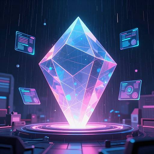 Neon-lit digital artwork of a glowing, transparent diamond crystal hovering above a circular platform, surrounded by floating holographic screens in a futuristic, cyber