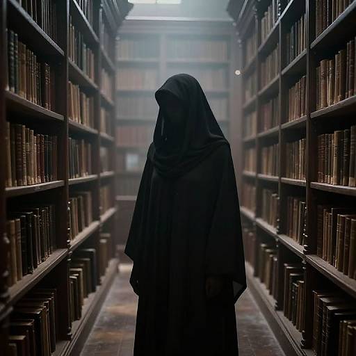 Photograph of a mysterious, hooded figure in black standing in a dimly lit, narrow library aisle with tall bookshelves on both sides.