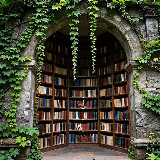 Photograph of an arched stone library with lush green ivy, filled with tall, wooden bookshelves containing colorful, neatly arranged books.