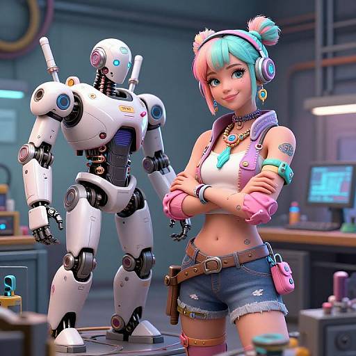 Detailed Cyberpunk Tinkerer Building Robot