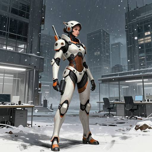 Digital art of a female cyborg in white and black armor standing in a snowy, futuristic cityscape with tall buildings. She has orange accents, a