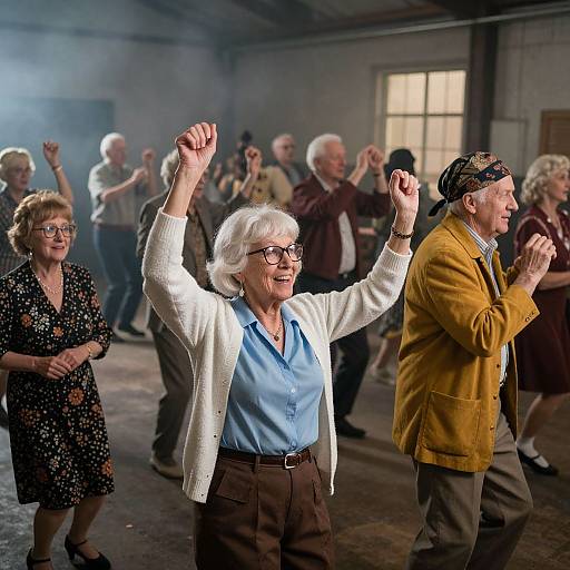 Photograph of elderly people dancing in an industrial-style room, led by a white-haired woman in glasses and blue shirt, raising arms joyfully. Background