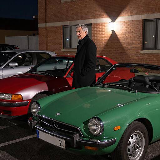 Nighttime Parking Lot with Man and Cars