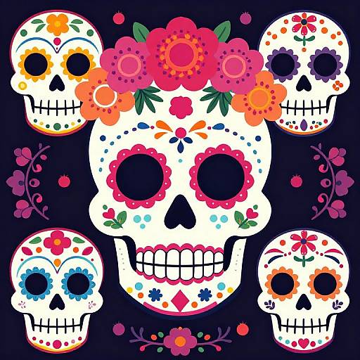 Vibrant digital illustration of four colorful sugar skulls with flower decorations, large black eye sockets, and floral patterns, set against a dark blue background.