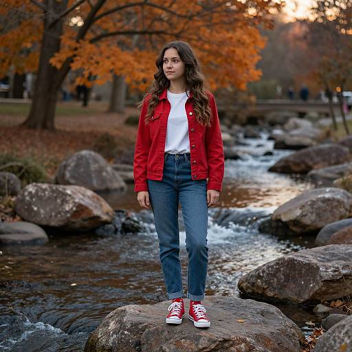 Photograph of a young woman with long brown hair, wearing a red jacket, white shirt, blue jeans, and red sneakers, standing on a rock