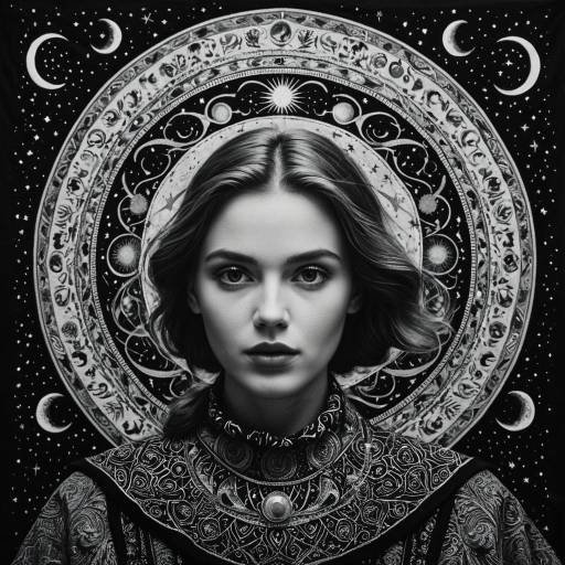 Monochrome Portrait of Woman with Celestial Backdrop Monochrome Portrait of Woman with Celestial Backdrop
