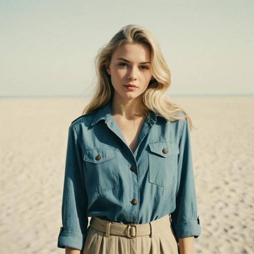 Blonde Woman in Vintage Utility Outfit on Beach