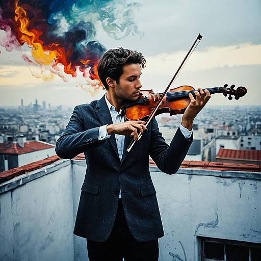 Violinist Playing on Rooftop with Vibrant Smoky Background
