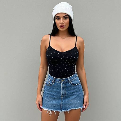 Photograph of a young woman with long black hair, wearing a white beanie, black polka dot tank top, and blue denim skirt, standing