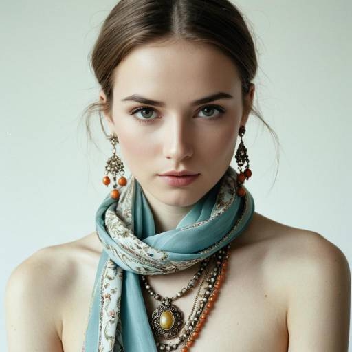 Portrait of Young Woman with Antique Jewelry and Silk Scarf Portrait of Young Woman with Antique Jewelry and Silk Scarf
