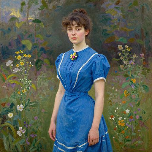 Vibrant oil painting of a young woman in a blue dress with white trim, standing in a lush, colorful floral meadow.