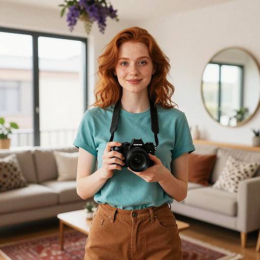 Photograph of a red-haired, freckled woman with wavy hair, wearing a turquoise shirt and brown high-waisted pants, holding a