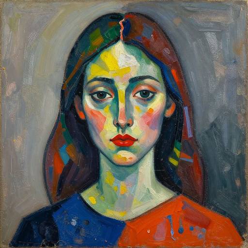 Vibrant, expressive oil painting of a woman with long dark hair, colorful abstract facial features, red lips, and multicolored background.