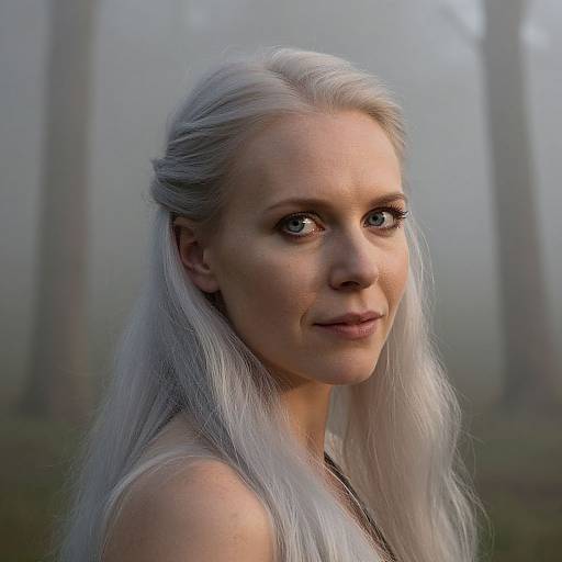 Photograph of a fair-skinned woman with long, silver-white hair, blue eyes, and subtle makeup, standing in a misty forest.