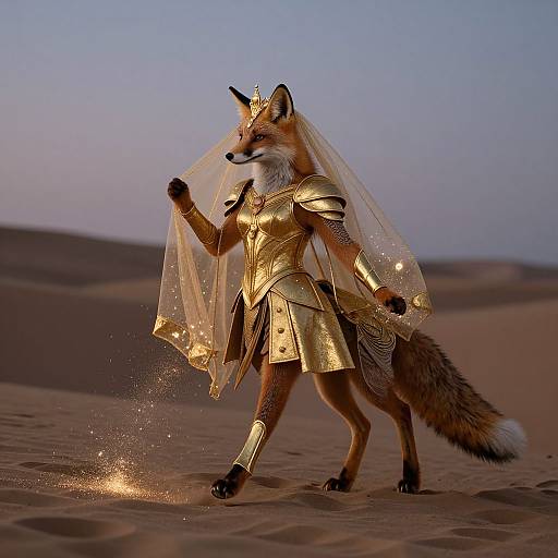 Photograph of an anthropomorphic fox in gold armor and transparent veil, standing in a desert at sunset, spreading veil with right paw, creating sparkling effect