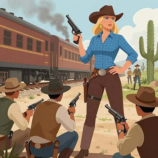 Western Showdown: Woman with Gunslingers