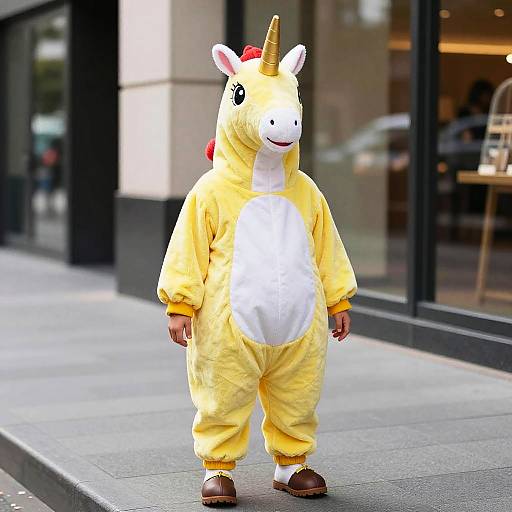 Photograph of a person in a yellow unicorn onesie with white belly, red mane, brown shoes, standing on urban sidewalk.