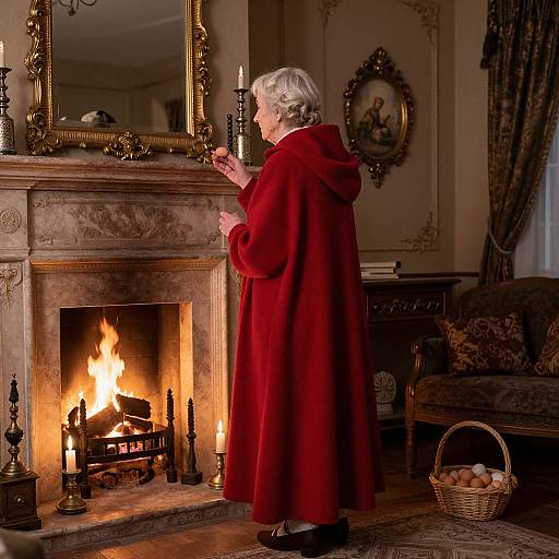 Photograph of an elderly woman with white hair in a red cloak, standing by a lit fireplace, holding a candle, in an ornately decorated room