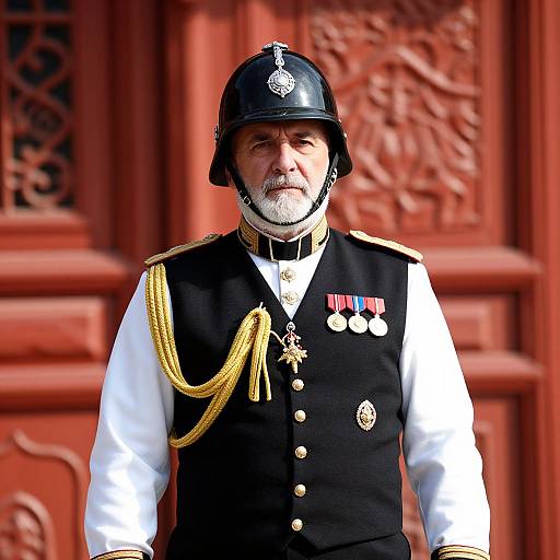 Photograph of a distinguished, bearded military officer in a black uniform with gold epaulettes, medals, white shirt, and black helmet,