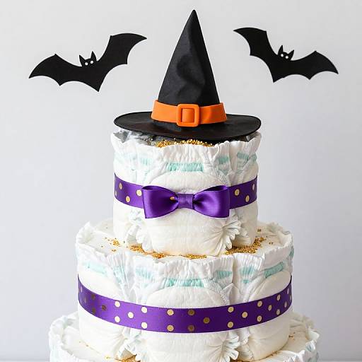 Photograph of a three-tiered diaper cake decorated with a black witch hat, purple polka dot ribbon, and black bat cutouts.