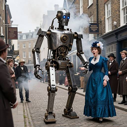 Photograph of a vintage-style blue dress woman pointing at a smoking, steampunk robot in a cobblestone street with Victorian-era bystanders.