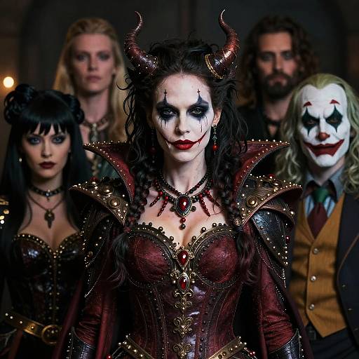Photograph of a group in dark, gothic attire; central figure with white face paint, black makeup, red lips, horns, and ornate