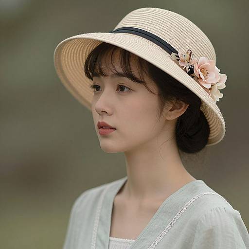Photograph of an Asian woman with fair skin, wearing a beige straw hat with pink flowers, and a light gray blouse, looking to the side against