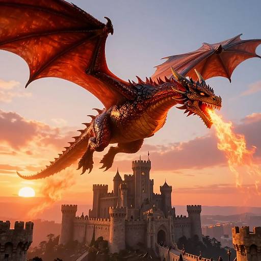 Photograph-style digital illustration of a red, fiery dragon with outstretched wings and a flaming breath, soaring above a medieval castle at sunset.