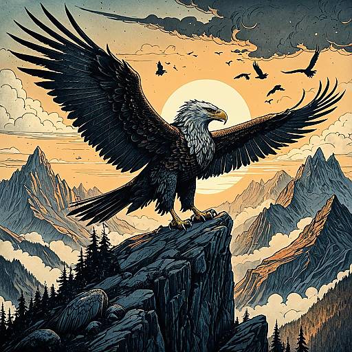 Vintage Griffin Perched on Mountain at Sunset