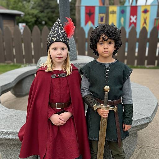 Photograph of a young girl and boy in medieval attire, girl in red cloak and hat, boy in black tunic holding sword, standing by stone