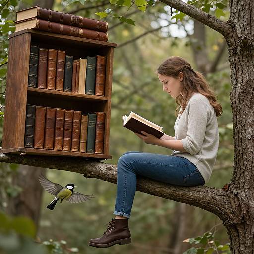 Photograph of a young woman with brown hair, wearing a white sweater and blue jeans, reading on a tree branch amidst books, with a bird per