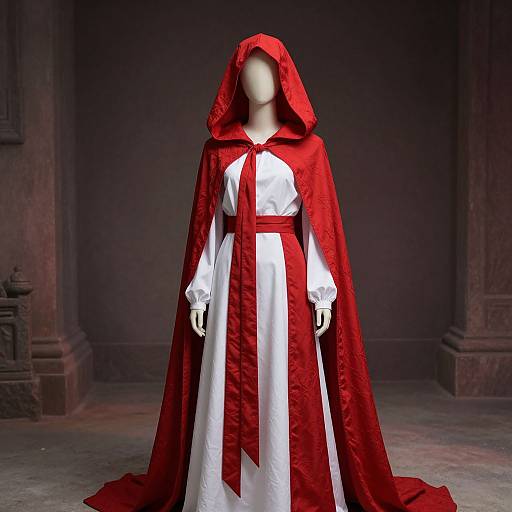 Digital art of a faceless figure in a white dress with red hooded cloak, red ribbon, standing in dark, stone-columned room.