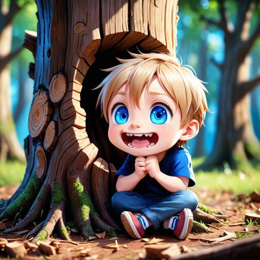 Excited Boy Sitting by Tree Hollow