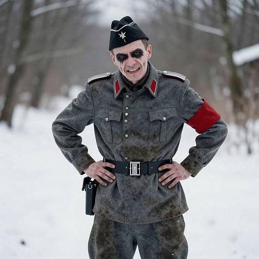 Grim Soldier in Snowy Forest Scene