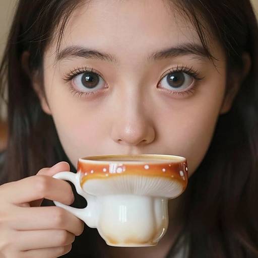 Close-up photograph of a young Asian woman with large, dark eyes, holding a brown and white mushroom-shaped teacup to her lips, with dark