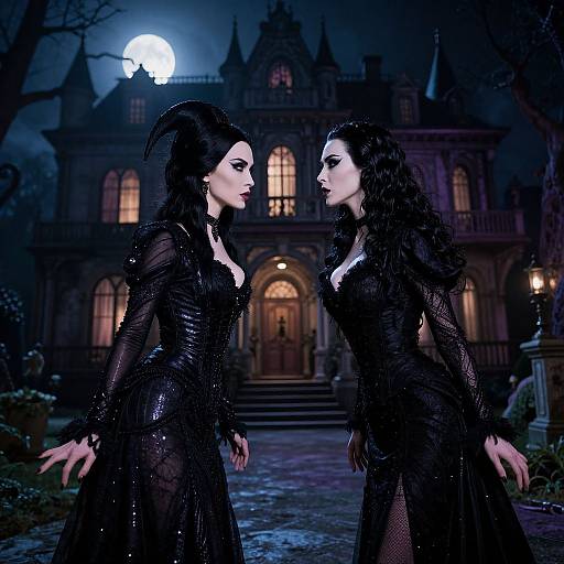 Digital artwork of two pale-skinned, black-haired women in black, gothic dresses, facing each other under a full moon in front of a spooky