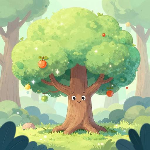 Cartoon-style drawing of a smiling tree with green, sparkly leaves and red apples, standing in a sunny forest with tall trees and lush greenery