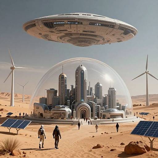 Photorealistic CGI: Futuristic desert city with glass dome, surrounded by solar panels, wind turbines, and UFO hovering above; people walking.