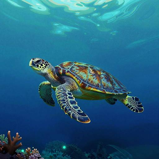 Photograph of a vibrant sea turtle swimming underwater, showcasing detailed patterns on its shell and flippers, with colorful coral in the background.