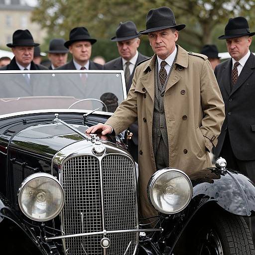 Photograph of a middle-aged man in a beige trench coat and black fedora standing beside a shiny black vintage car, surrounded by men in black suits