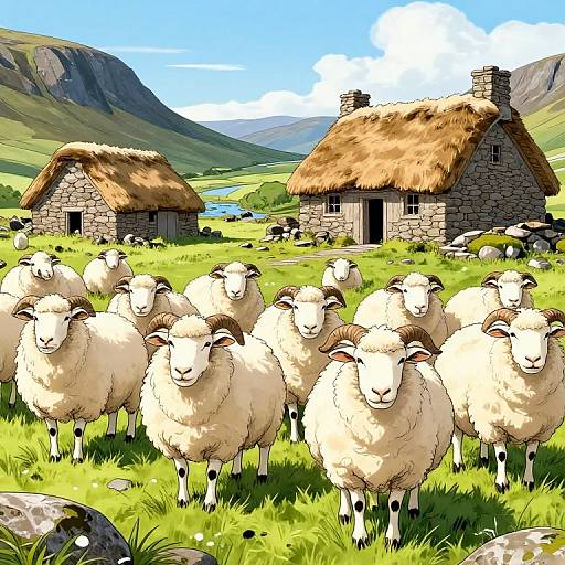 Digital illustration of a flock of white sheep in a green meadow, in front of two stone cottages with thatched roofs, under a blue sky