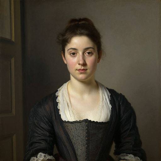 Oil painting of a young woman with fair skin, dark brown hair, and brown eyes, wearing a black dress with white lace collar, against a dark