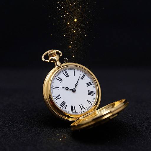 Photograph of a gold pocket watch with white face and black Roman numerals, lid open, emitting golden sparkles against a black background.