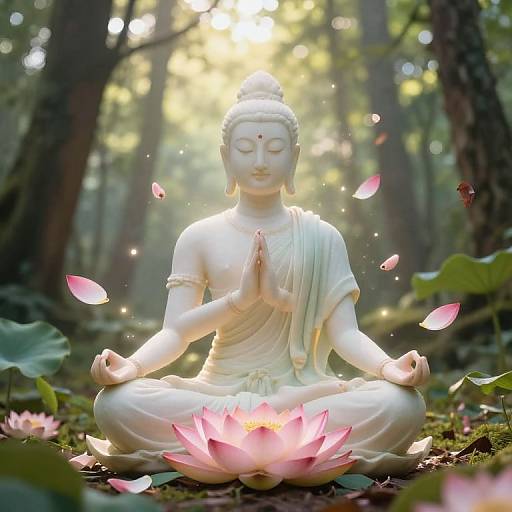 Meditative Figure with Floating Lotus Petals