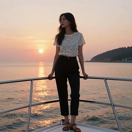 Photograph of a woman with long dark hair, wearing a white lace top and black pants, standing on a boat at sunset, gazing at the