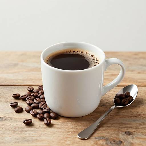 Photograph of a white ceramic coffee cup filled with black coffee, surrounded by scattered coffee beans and a silver spoon on a rustic wooden table.