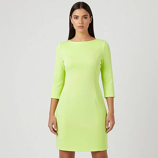 Photograph of a woman with long black hair wearing a bright neon yellow knee-length dress with three-quarter sleeves, standing against a plain white background.