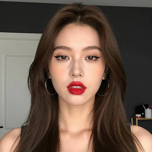 Portrait of woman with red lipstick and hoop earrings