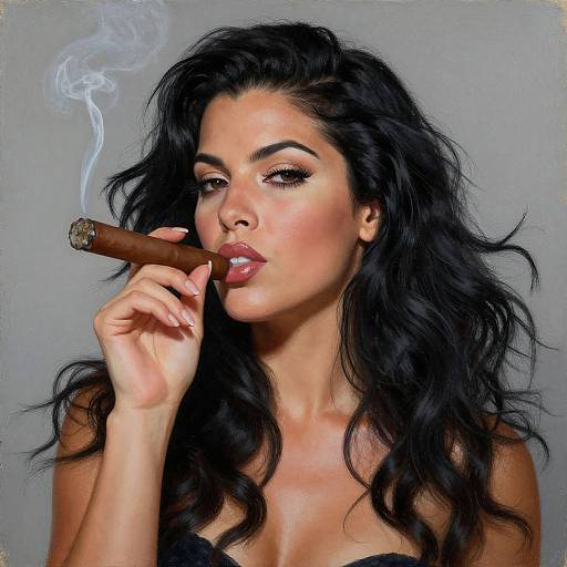 Photograph of a sexy woman with long black wavy hair, smoky eyes, and full lips, smoking a large cigar, wearing black lace top
