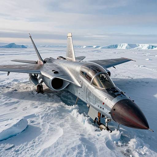 Photograph of a silver military jet aircraft on icy snow, wings spread, surrounded by frozen landscape, with distant icebergs and cloudy sky.